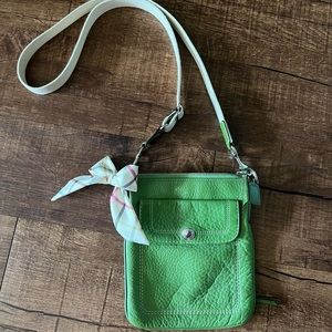 Coach green leather crossbody with bow